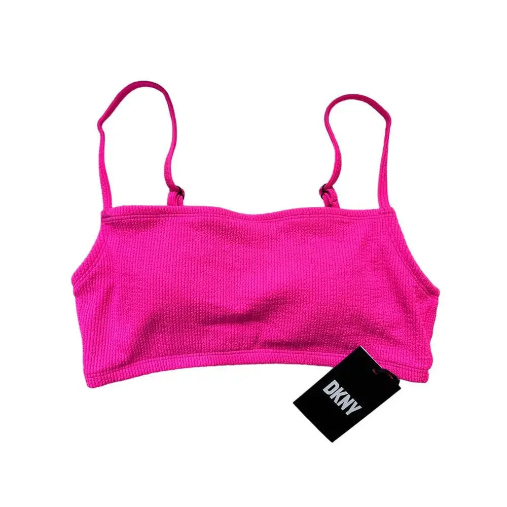 DKNY WOMENS SZ XS TEXTURED BRALETTE BIKINI TOP NEON PINK MICRO SCRUNCH NEW! - Picture 2 of 8